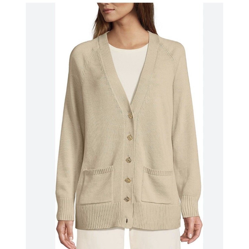 Lands End Drifter Varsity V-Neck Relaxed Cardigan Sweater Size M Staple Preppy